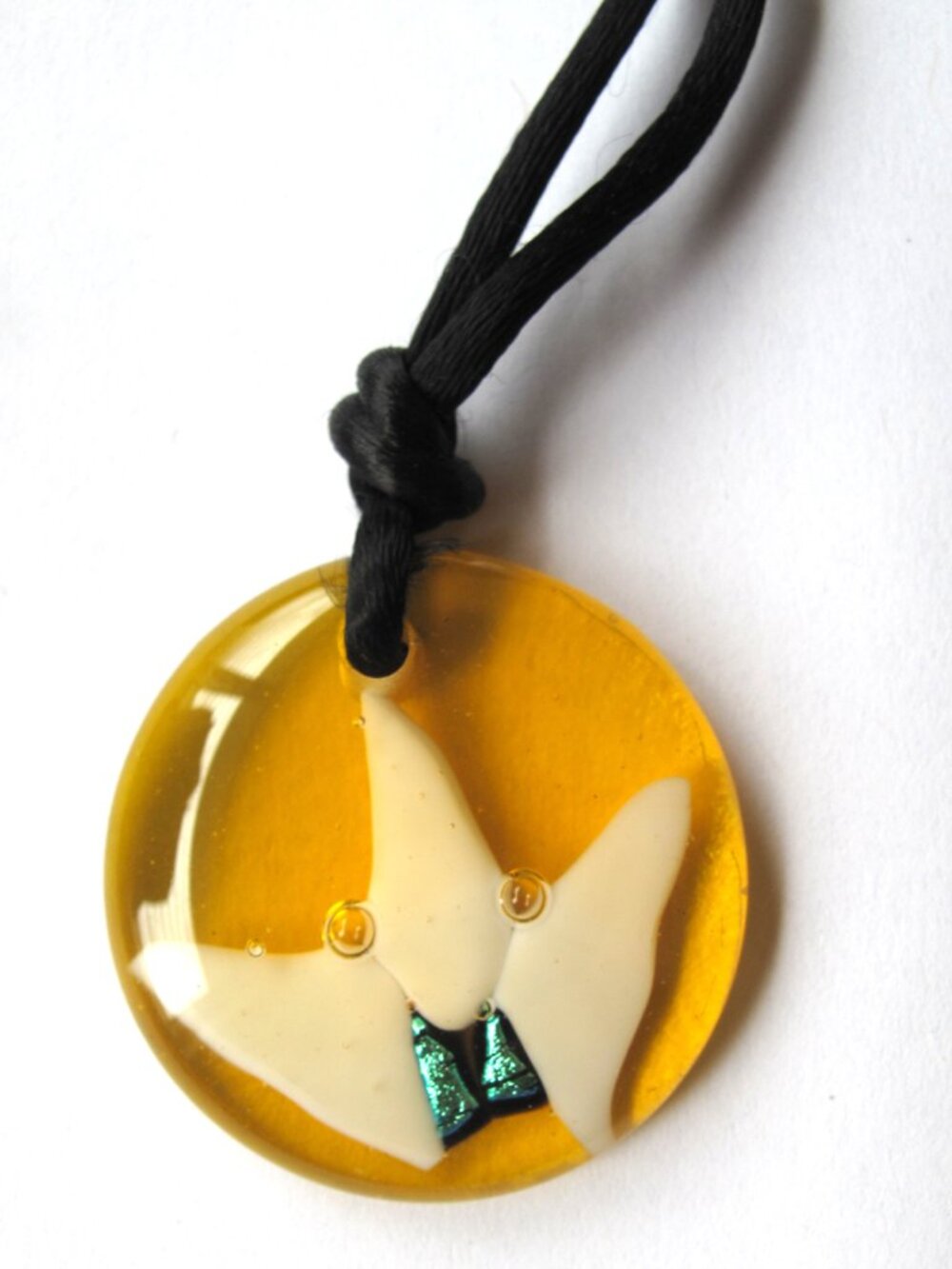 Necklace yellow tones fused glass fabric Black lace (cord) 18" (inches) long